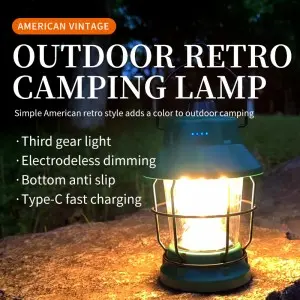 Rechargeable Vintage Camping Lantern With Hanging Hook Outdoor Tent Retro Lantern