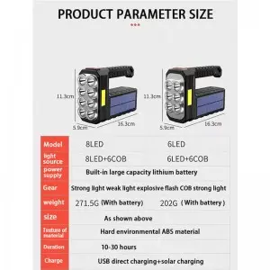 Built-in Life Waterproof USB Solar Rechargeable Led Flashlight Solar Searchlight
